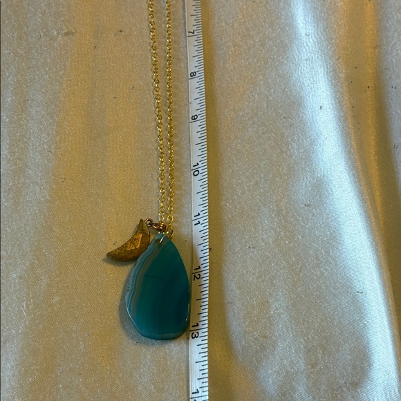 Elegant Blue Agate Slice and Jasper Moon Pendants on 23” Gold Tone Chain - Picture 6 of 12
